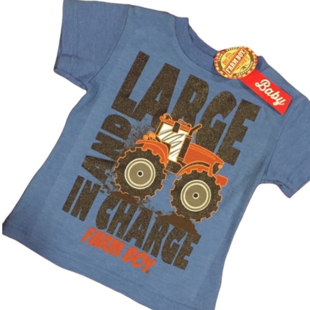 Farm Boy Brand Red Tractor Large & In Charge Blue Short Sleeve 18 Months Tee